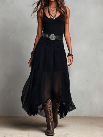 Boho Western Black  Stretchy Maxi  Dress With Sheer Skirt