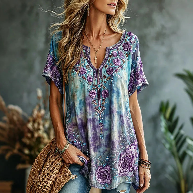Women's Vintage Romantic Floral Art Linen Blend Short Sleeve Tops