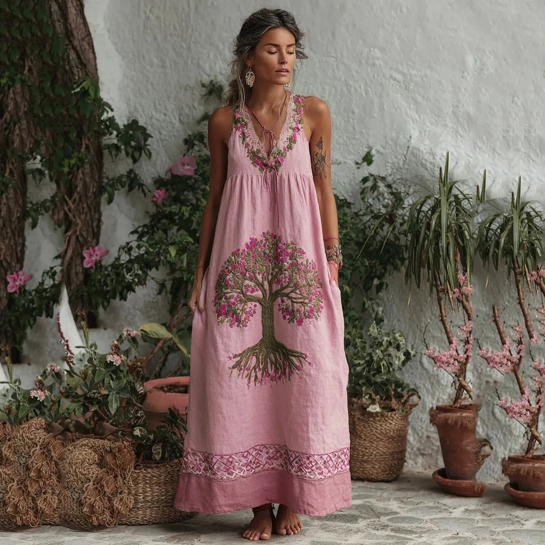 Women's Tree Of Life Pink Ribbon Embroidery V Neck Tank Midi Dress