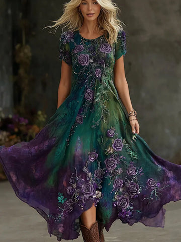 Women's Vintage Floral Gradient Art Flowy Casual Maxi Dress