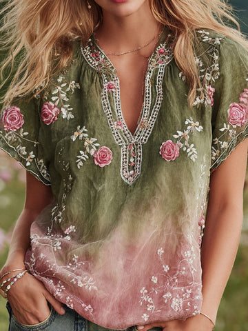 Women's Rose Floral Embroidery Print Cotton V-neck Shirt