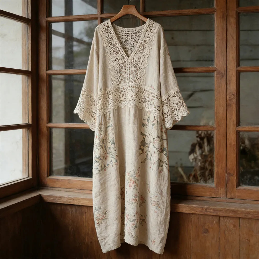 Boho Lace Floral Patchwork Vintage Women's Linen V-neck Long Dress