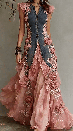 Women's Summer Vacation Flowers Embroidery Irregular Ruffle Linen Patchwork Dress 5288
