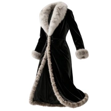 Women's Retro Velvet Fur Collar Long Coat With Side