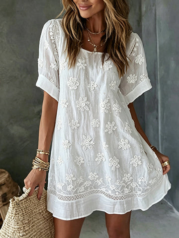 Women's White Rose Art Embroidered Linen Blend Round Neck Maxi Dress