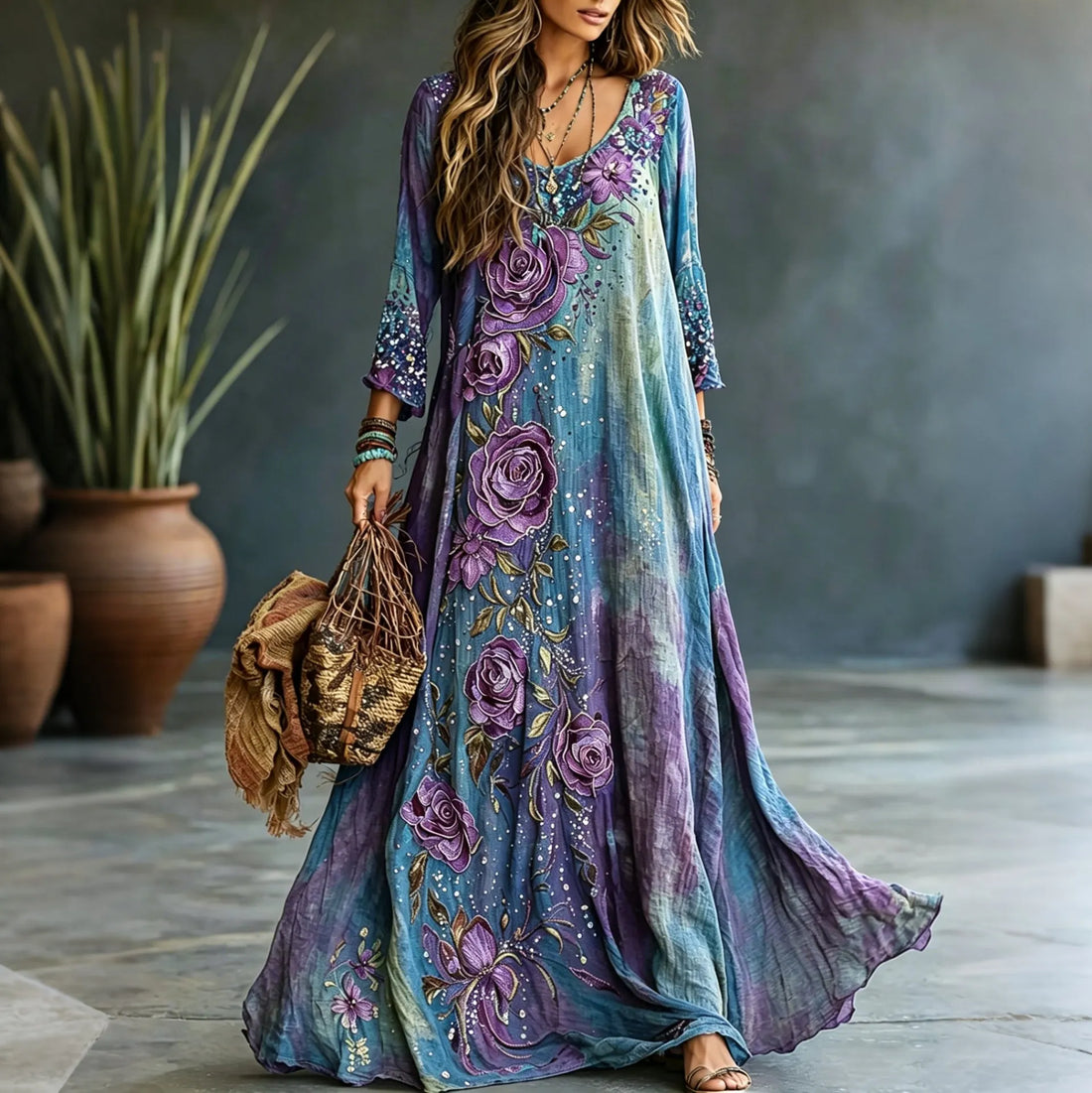 Women's Vintage Romantic Floral Art Linen Blend Round Neck Long Sleeve Maxi Dress