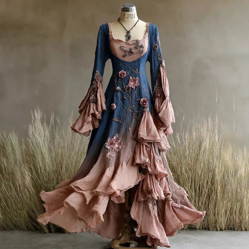 Women's Spring Elegant Flowers Irregular Ruffle Maxi Dress