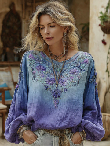 Women's Retro Gradient Floral Embroidery Casual Cotton Linen Crew Neck T-shirt
