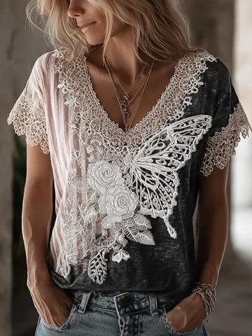 Butterfly Flower Embroidery Patchwork Striped Design Women's Summer Linen T-shirt
