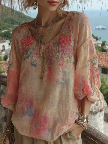 Women's Tie-dye Style Floral Embroidered Round Neck Comfortable Top