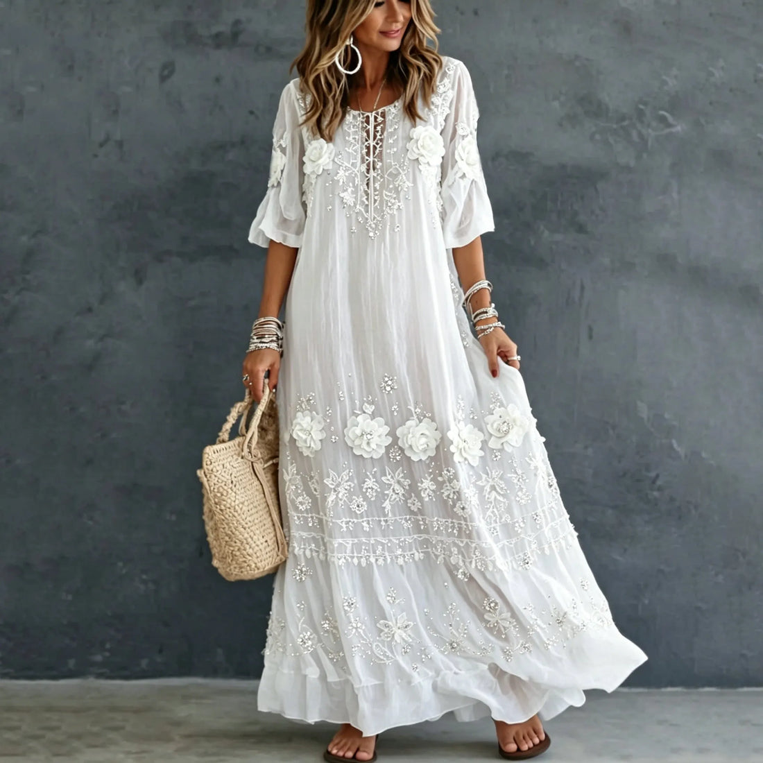 Women's Vintage Romantic White Floral Art Linen Blend Round Neck Maxi Dress