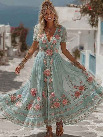 Women's Bohemian Rose Pattern Casual Resort Short-sleeve Dress