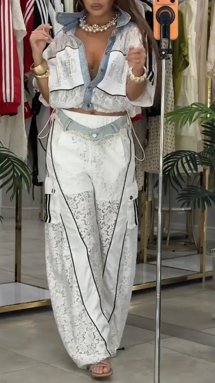White Denim Patch Lace Two Piece Tracksuit