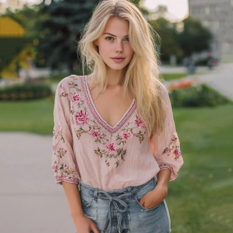 Women's Vintage Pink Floral Embroidery V-neck T-shirt