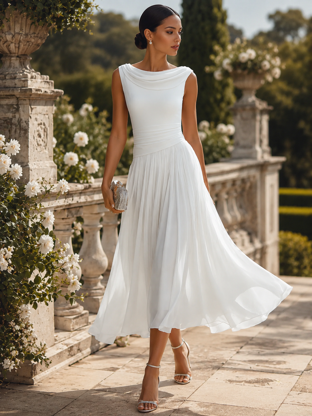 Draped Neck Sleeveless Pleated Midi Dress