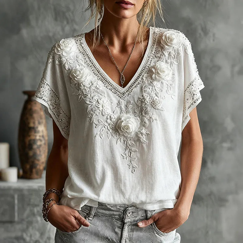 Women's Vintage Rose Floral Art Short Sleeve Casual T-shirt