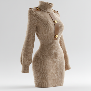 Women's Autumn Winter Turtleneck Cable Knit Dress - Waist-Cinching Slim Bodycon Sweater Dress