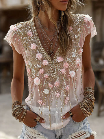 Women's Vintage Floral Embroidered Short Sleeve Casual T-shirt
