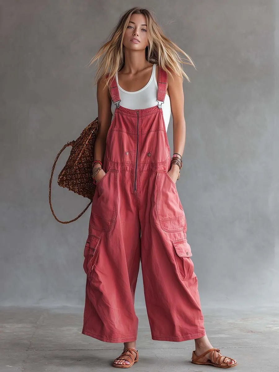 Women's Washed Coral Denim Utility Overalls Jumpsuit