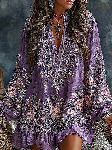 Women's Vintage Floral Art Flowy Linen Blend Casual V Neck Long Sleeve Maxi Dress