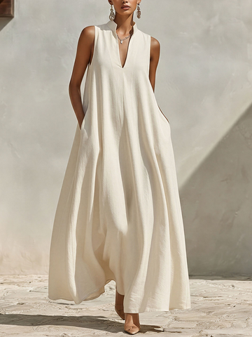 Women's Cream Linen-Blend Sleeveless Maxi Dress With Stand Collar & V-Neck, Timeless Minimalist Summer Dress MDZ0806E9LYL