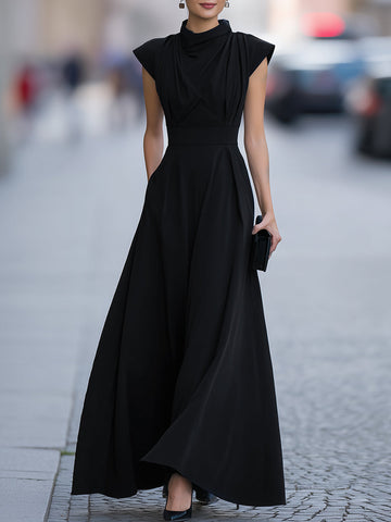 Draped Cap-Sleeve Maxi Dress With Defined Waist
