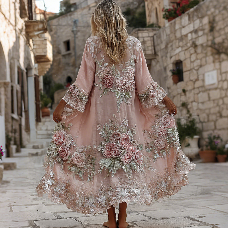 Women's Bohemian Pink Floral Embroidered Art Casual Linen Blend Long Cardigan