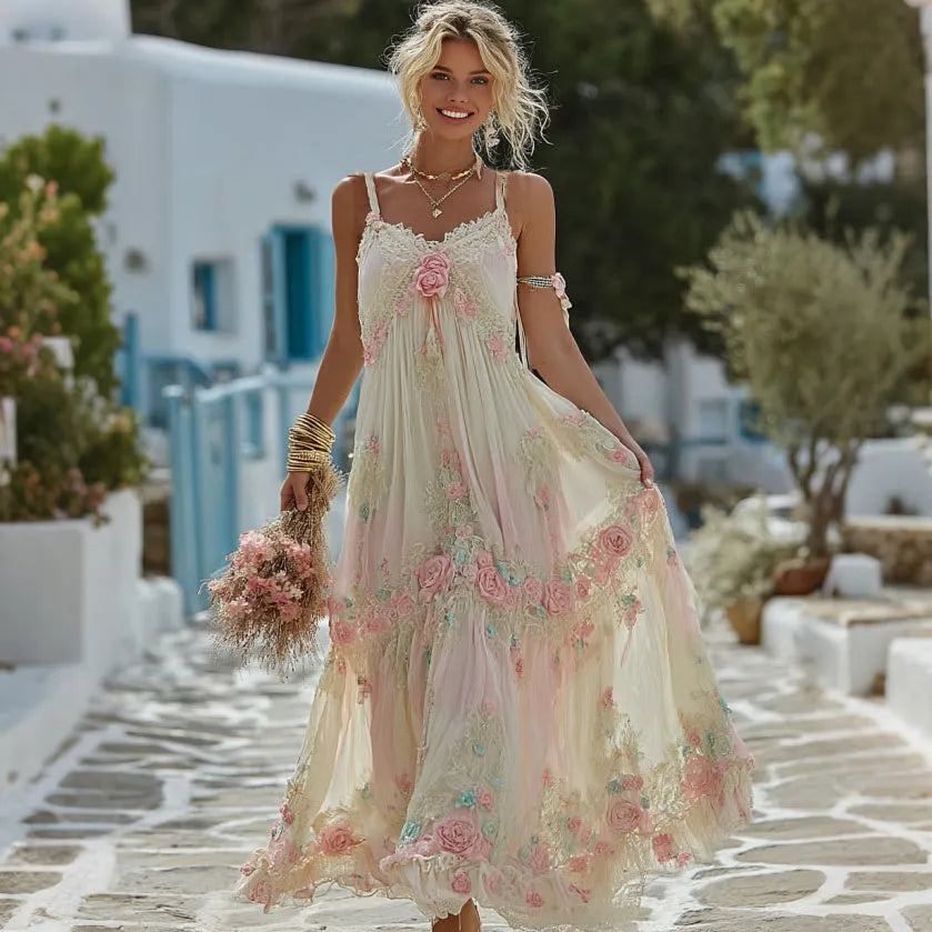 Women's Vintage Rose Art Embroidery V Neck Sleeveless Dress