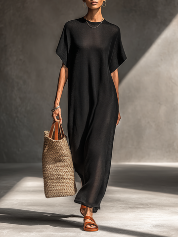 Women's Minimalist Sheer Knit Short-sleeved Maxi Dress MDZ0911A8Y