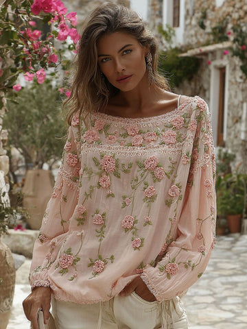 Women's Retro Floral Art Embroidery Cotton Linen Round Neck Long Sleeve T-shirt