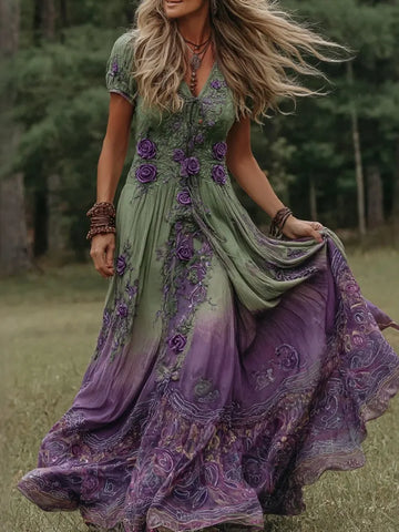 Women's Vintage Floral Gradient Art V Neck Maxi Dress