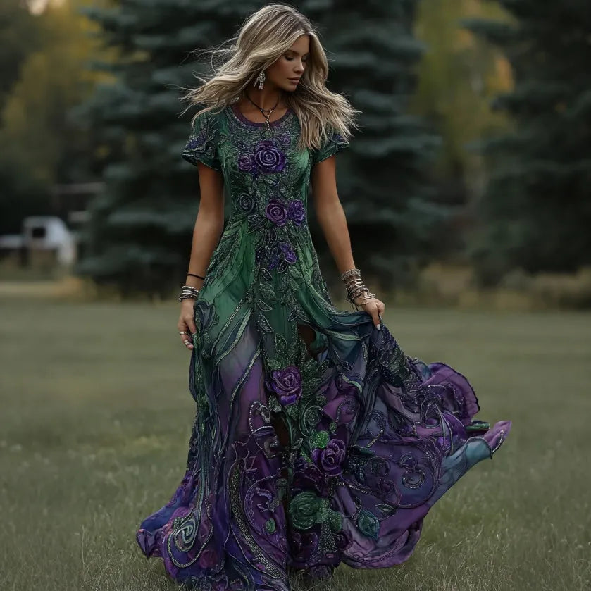 Women's Vintage Floral Gradient Art Crew Neck Maxi Dress
