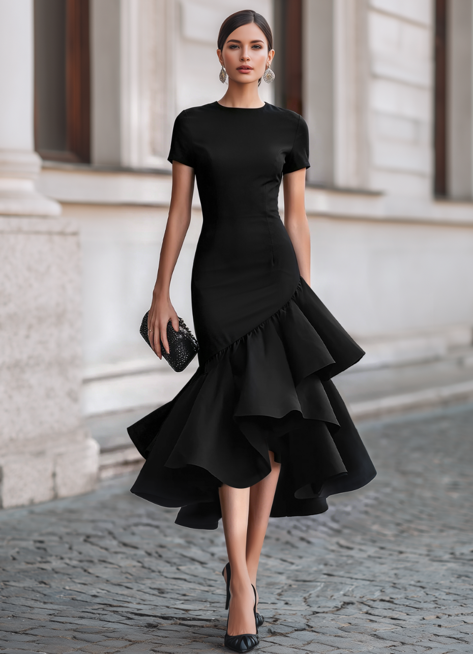 Asymmetrical Ruffle Hem Tailored Midi Dress
