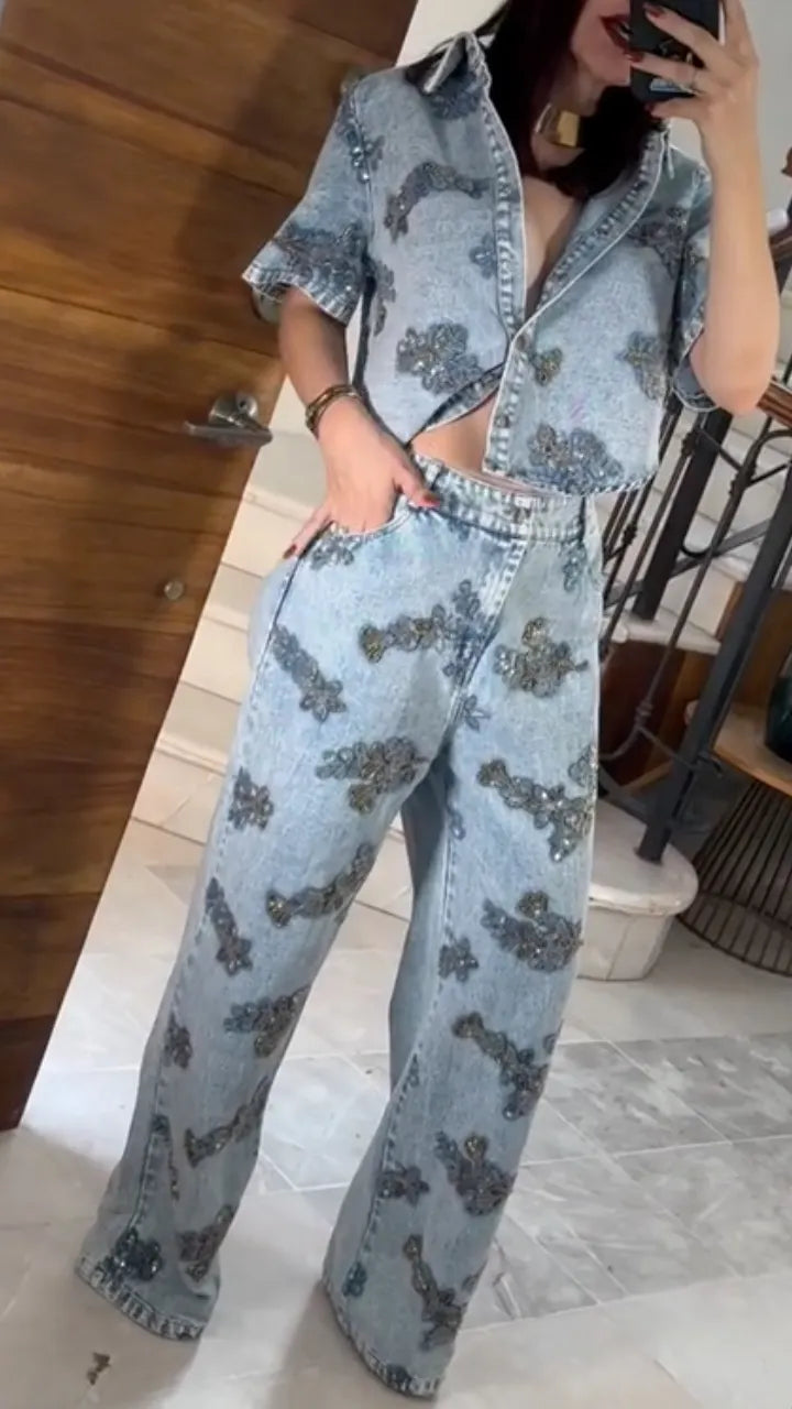 Style Rhinestone Floral Embellished Cropped Denim Shirt & Wide Leg Jean Two Piece Set