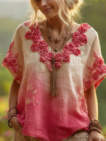 Cozy Pink Rose Gradient Art Short Sleeve Linen Blend T-shirt