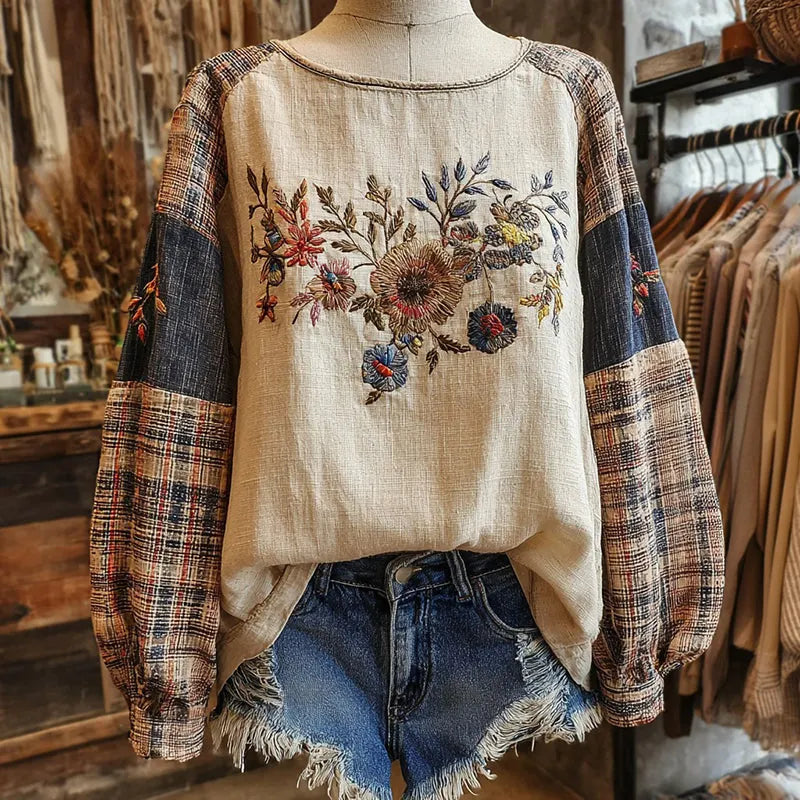 Retro Boho Floral With Plaid Patchwork Pattern Women's Top