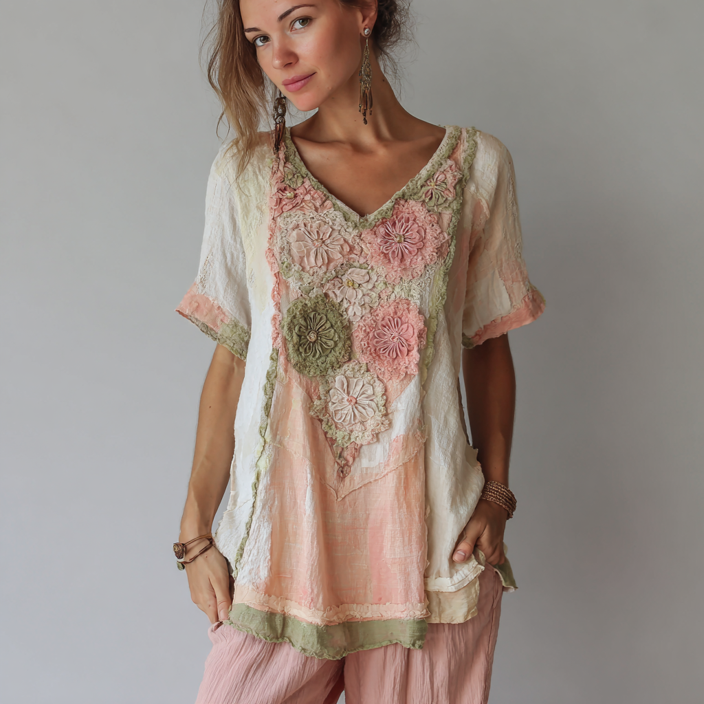 Women's Vintage Floral Color Block Linen Short Sleeve T-shirt