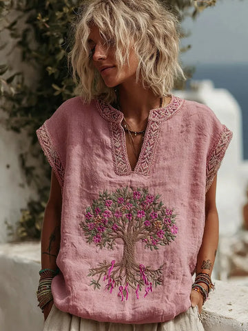 Women's Tree Of Life Pink Ribbon Small V Neck Tank Top