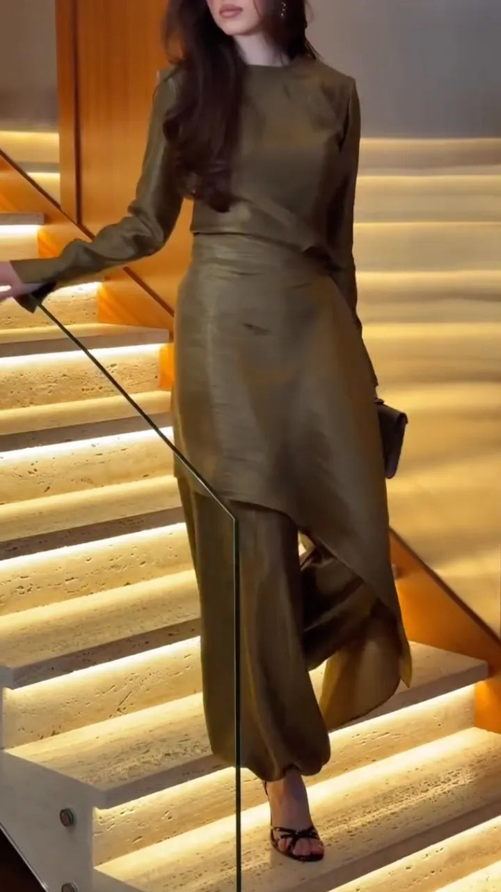 Satin High Neck Long Sleeve Top & Asymmetrical Overlay Balloon Pant Two Piece Set