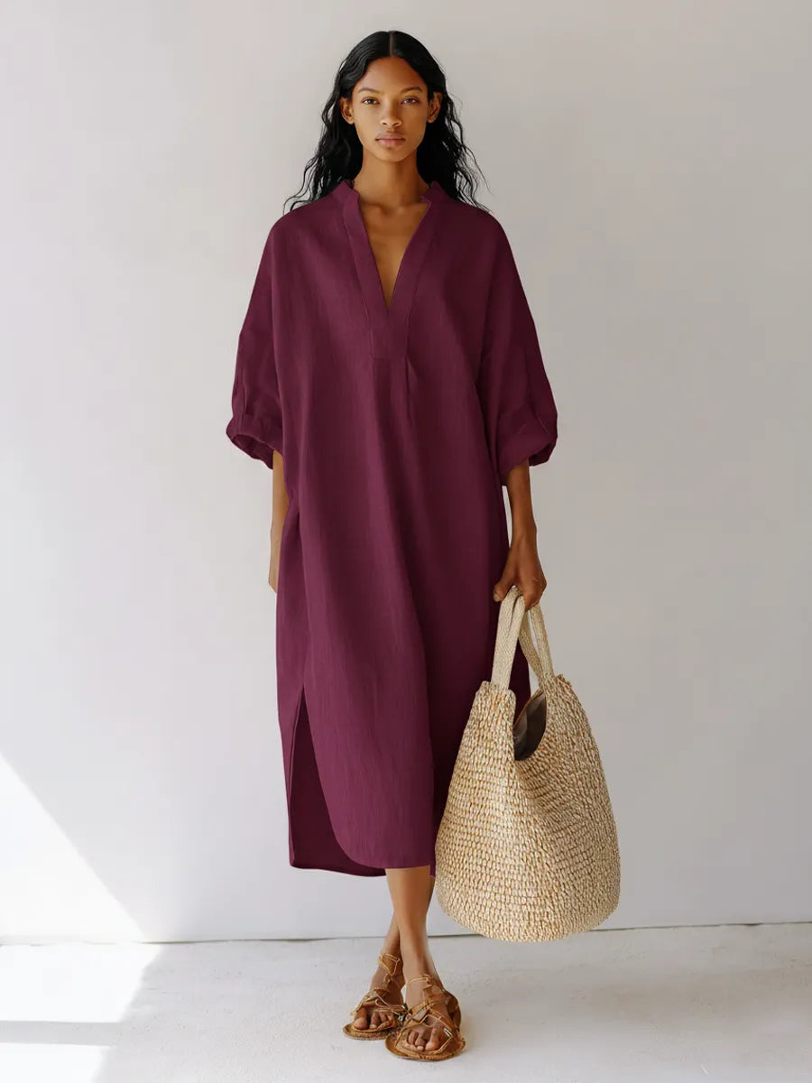 Women's Plum Linen-Blend Tunic Dress With Split Neck & Roll-Up Sleeves, Timeless Casual-Resort Style Dress MDZ1528D1LYL