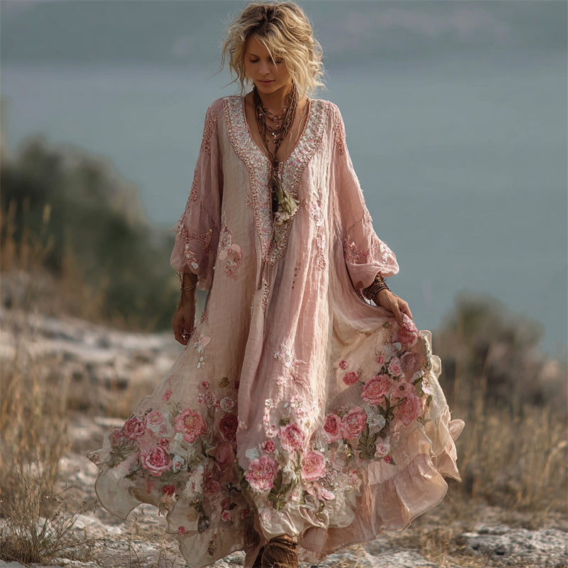 Vintage Boho Pink Roses Embroidered Lace Flowy Linen Maxi Dress