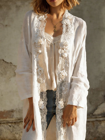 Women's Vintage Bohemian Floral Lace Art Casual Linen Blend Long Cardigan