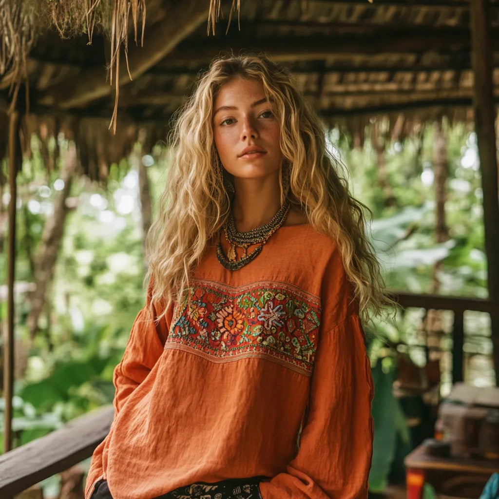 Bohemian Resort Vintage Linen Print Casual Long Sleeve Top
