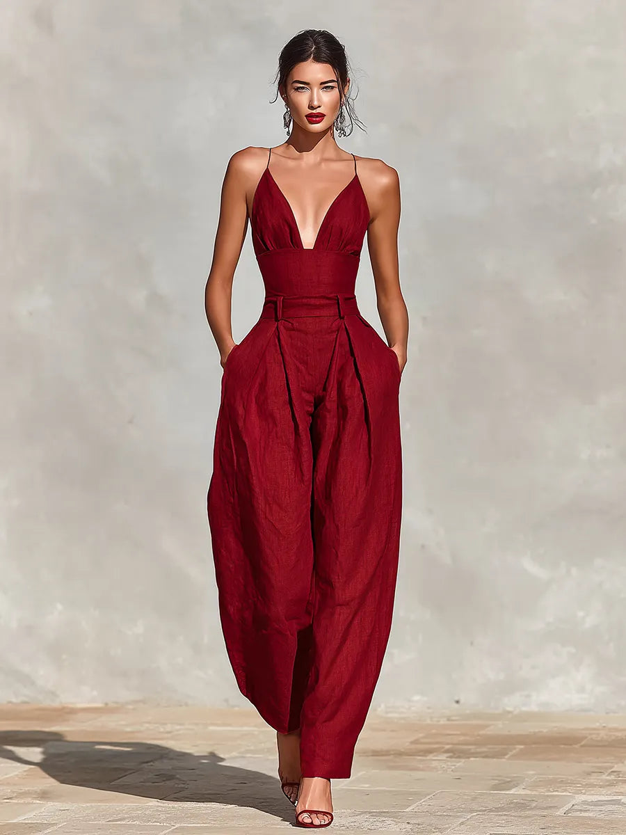 Women's Red Linen Jumpsuit With Spaghetti Straps & High-Waisted Pleated Pants, Timeless Romantic-Elegant Style Jumpsuit MDZ1915C8I