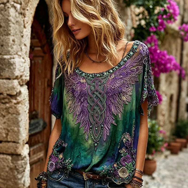 Women's Romantic Floral And Wings Art Linen Blend Round Neck Short Sleeve Tops
