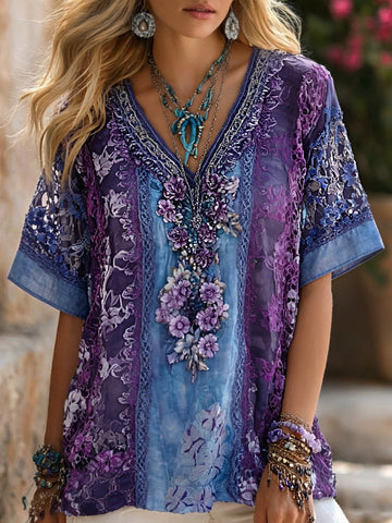 Women's Retro Bohemian Floral Print T-shirt