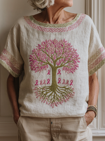 Women's Health Tree Of Life Pink Ribbon Round Neck T-shirt