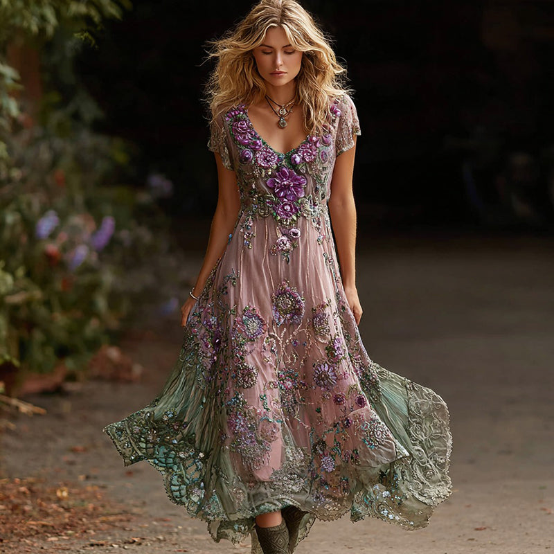 Women's Retro Purple Floral Gradient Pattern Casual Short-sleeve Dress