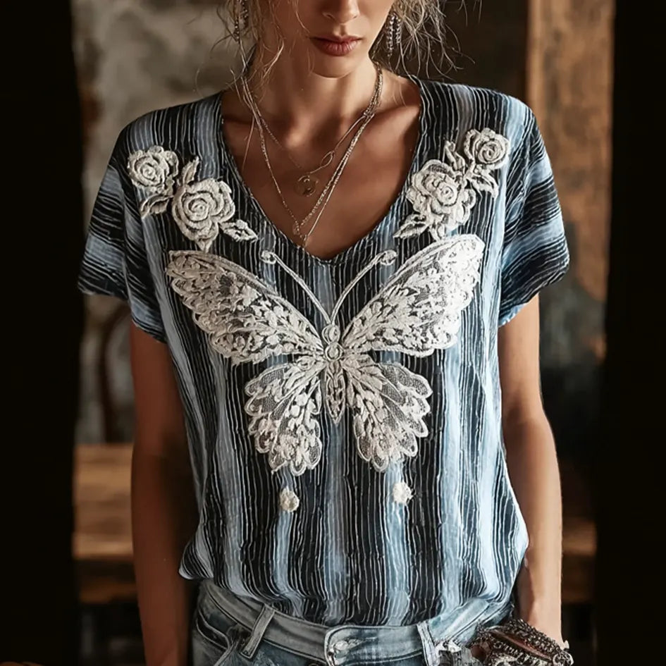 Butterfly Flower Embroidery Patchwork Striped Design Women's Summer Linen T-shirt
