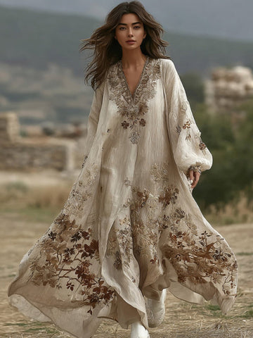 Women's Floral Embroidered Linen Long-sleeved Dress